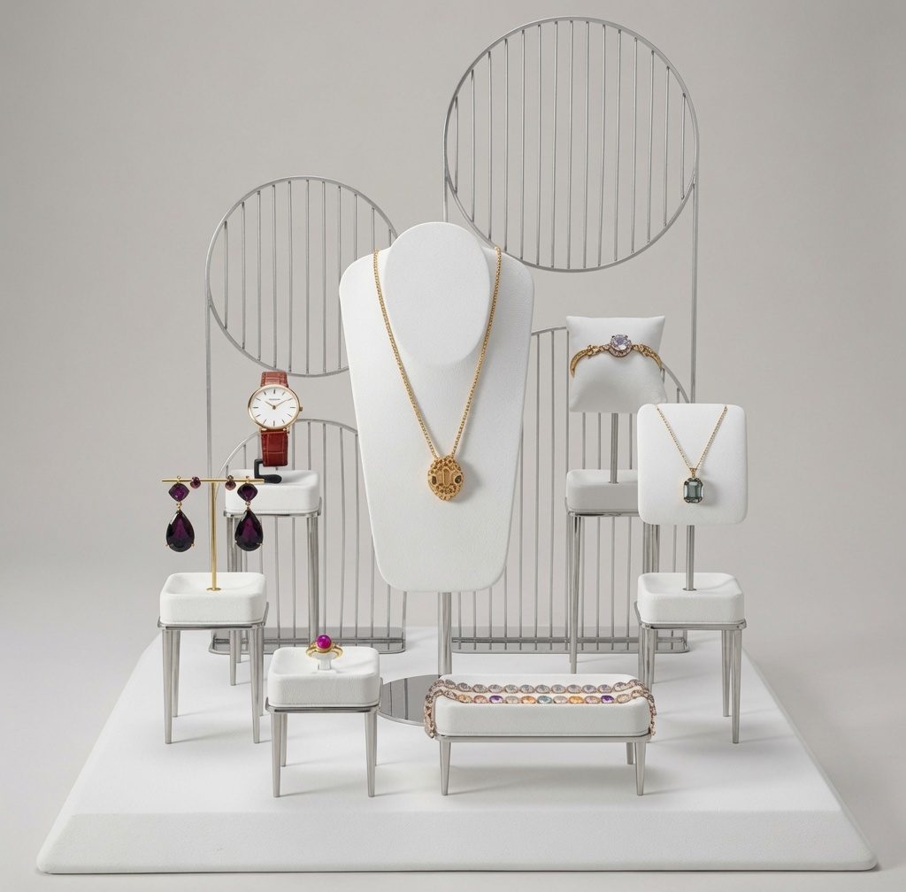 Jewelry display with gold accents