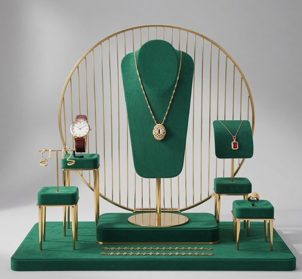Retail jewelry display set on velvet base