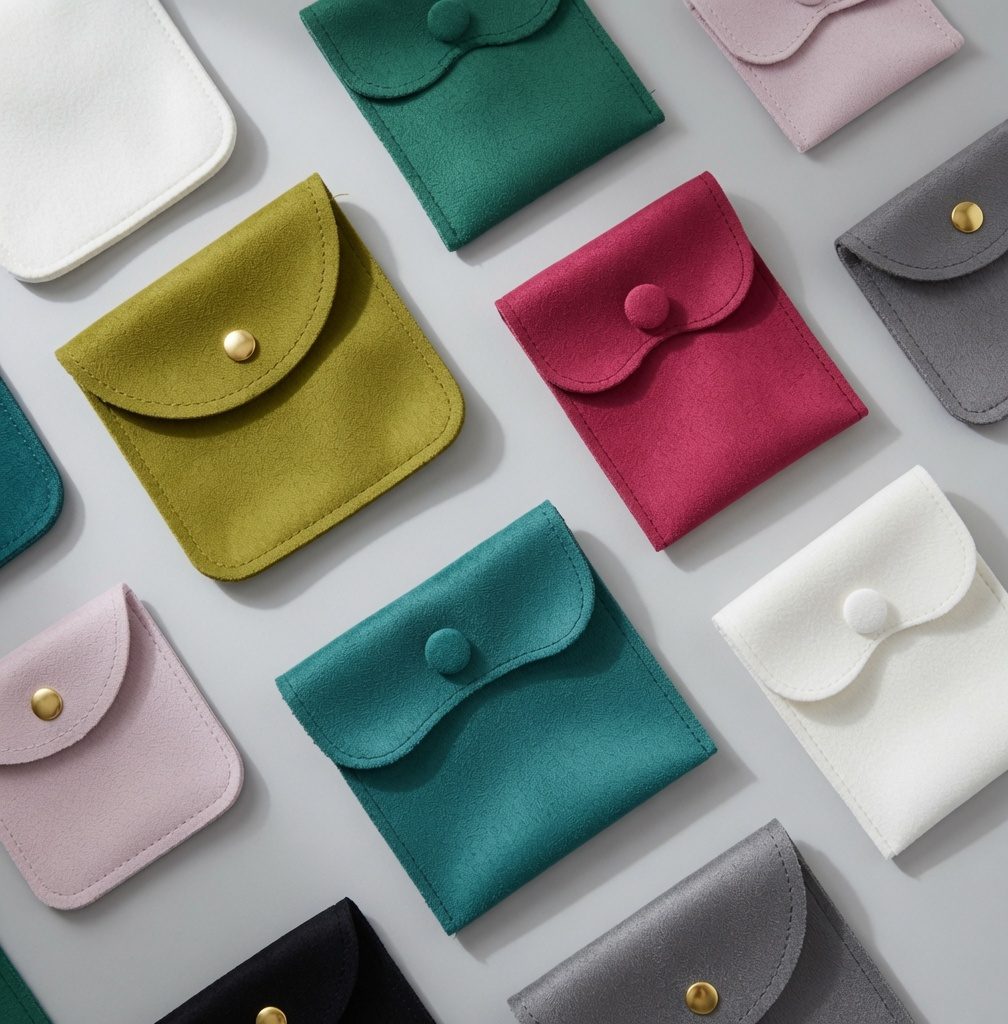 Assorted microfiber jewelry pouches in multiple colors with snap closures